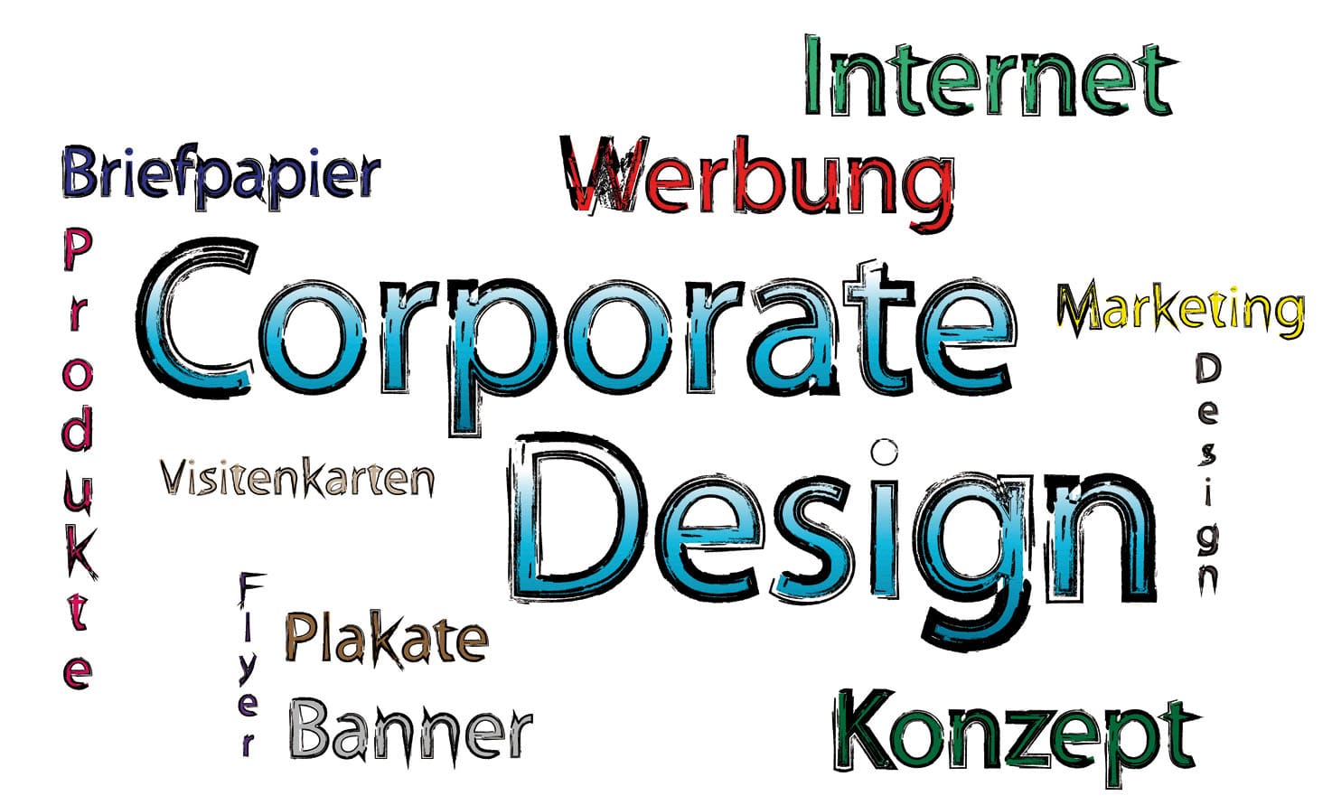 Eine Wortwolke mit Begriffen rund um Corporate Design und Marketingmaßnahmen.
